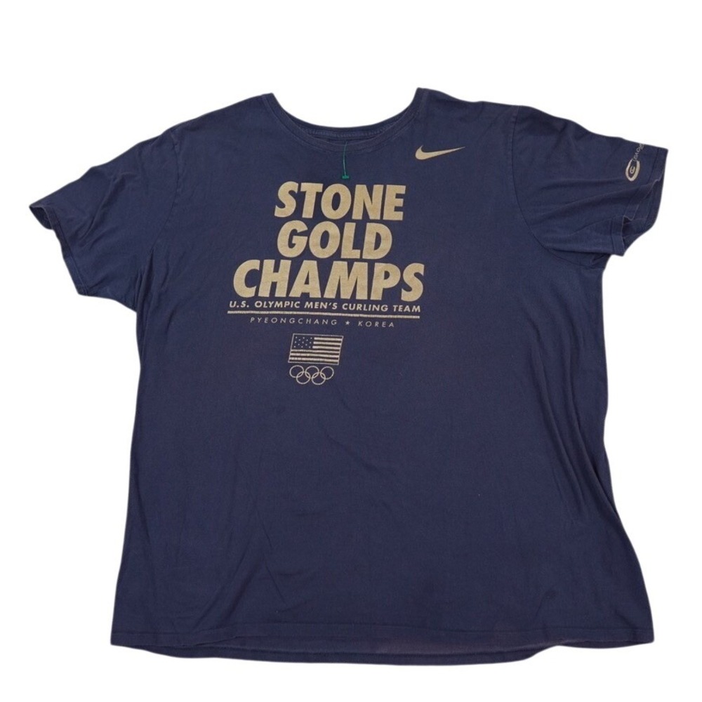 Nike Stone Gold Champs Men XXL Navy Blue Olympic Curling Team T-Shirt